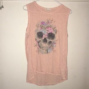 EUC semi sheer tank with flower skull design